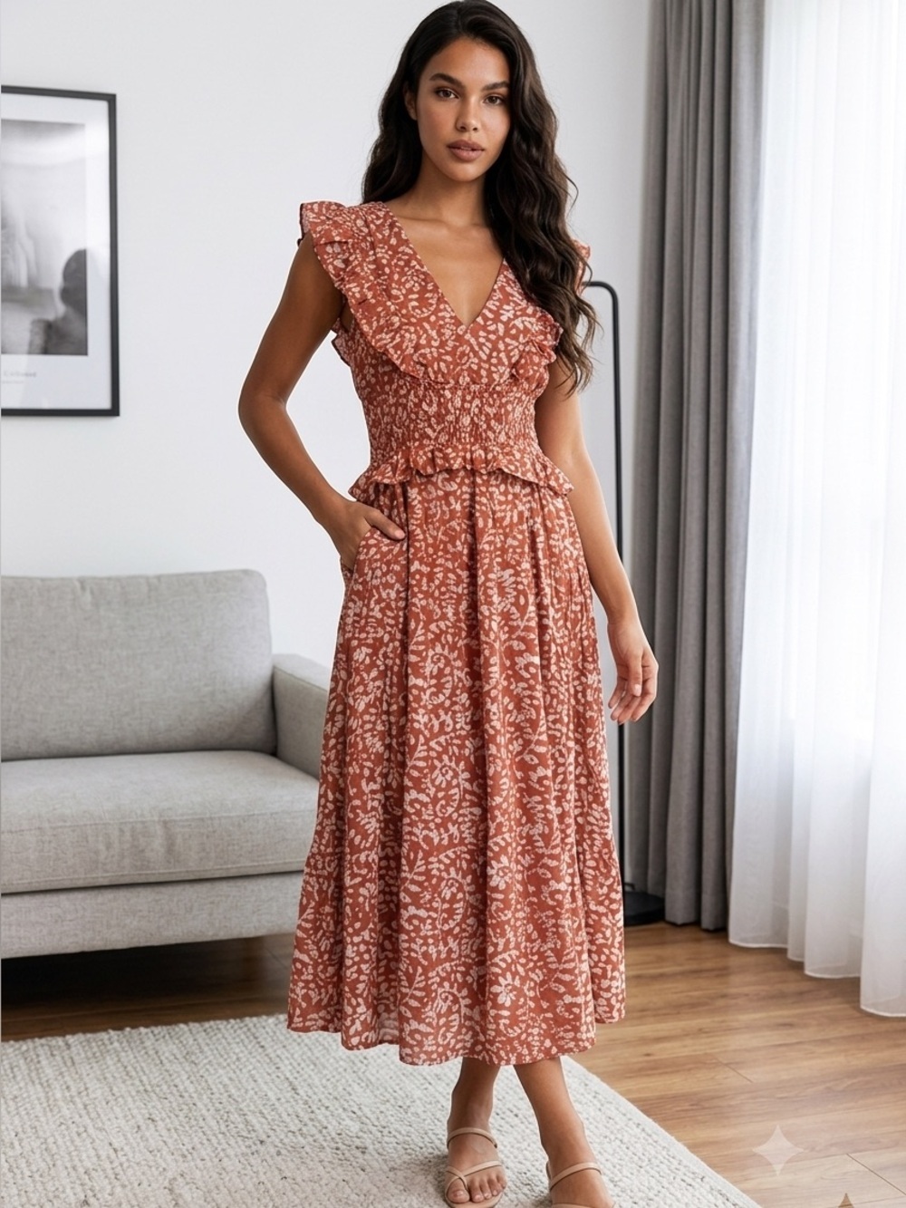 NWT Banjanan Rust Floral Ruffle Midi Dress - Picture 2 of 16